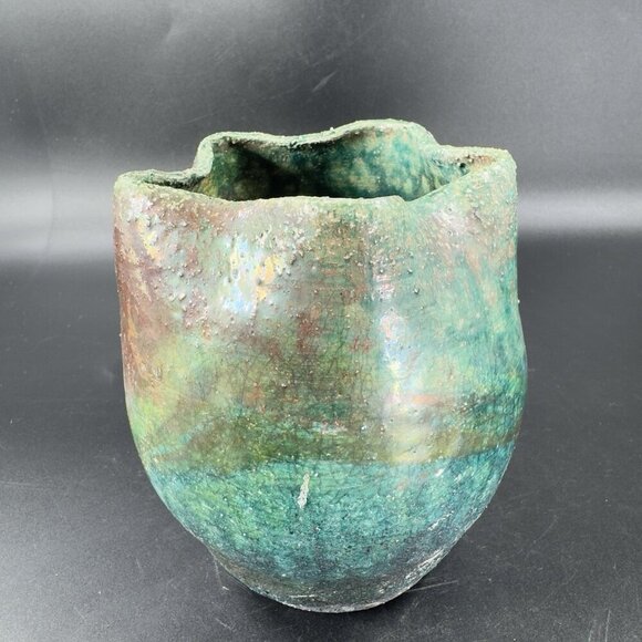 Vintage Raku Studio Art Pottery Vase Bowl Wavy Star Top Green Shiny Glaze Signed - Picture 10 of 14